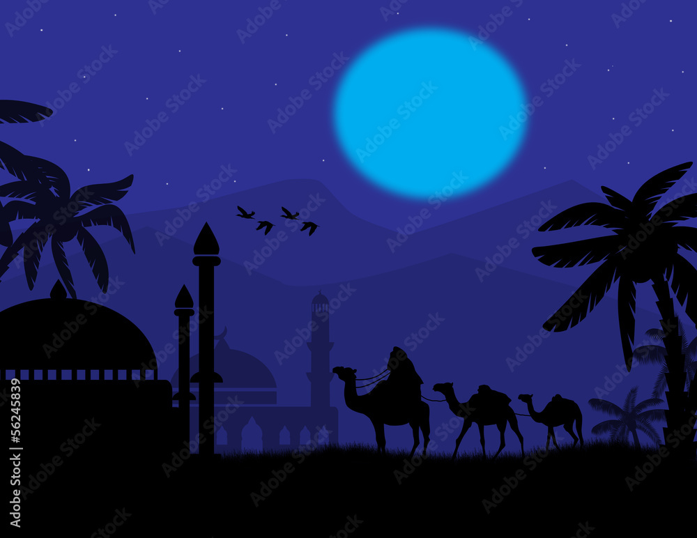 Bedouin camel caravan and mosque