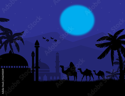 Bedouin camel caravan and mosque