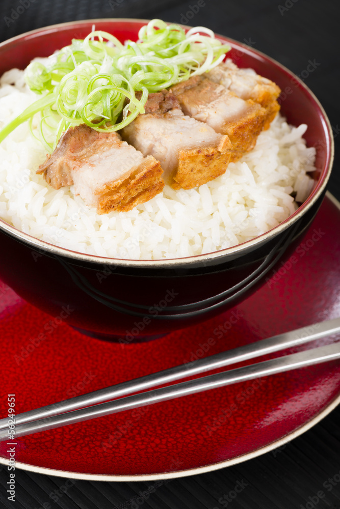 Siu Yuk - Chinese crispy roast pork belly and steamed rice. Siu Yuk - Chinese crispy roast pork belly and steamed rice.