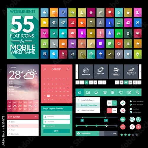Set of flat design icons, elements, widgets