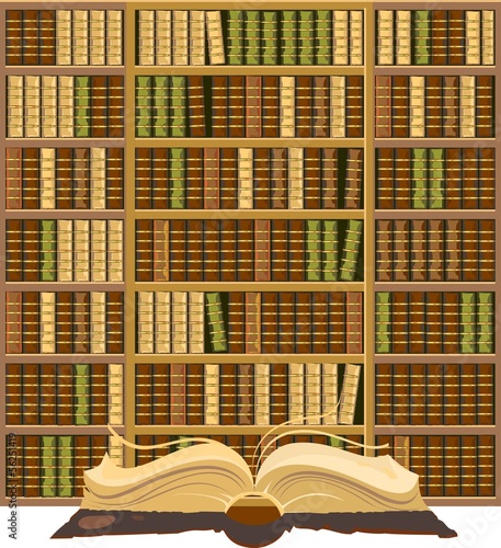 Bookcase full of old books and open old book