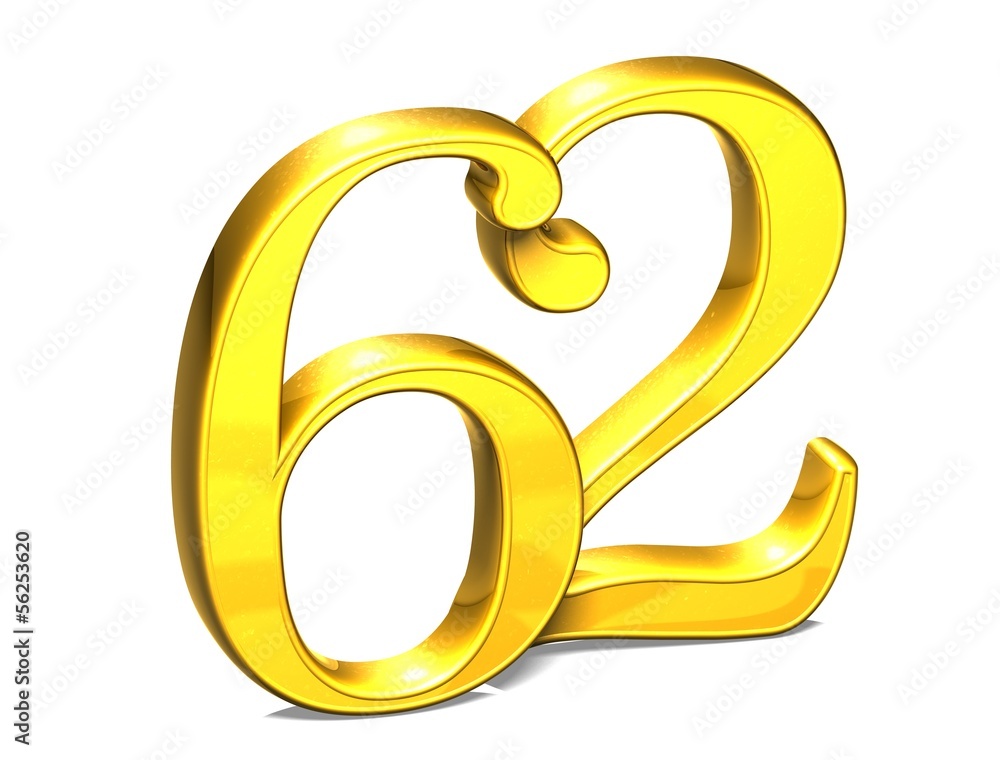 3D Gold Number sixty-two on white background 3D Gold Number sixty-two on white background