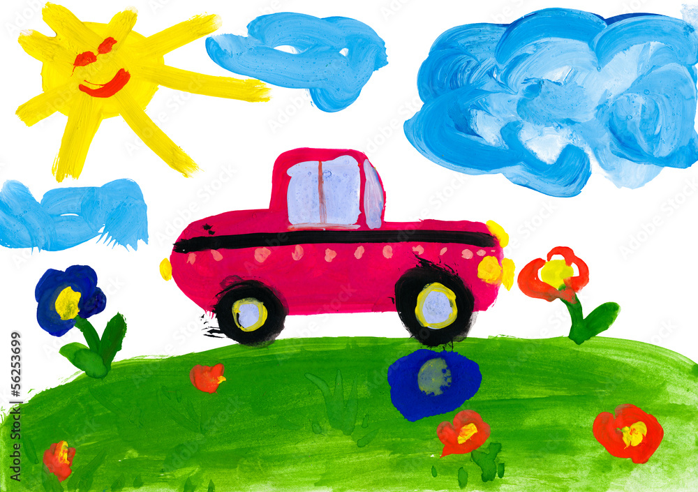 Obraz premium child's drawing. car rides on a meadow