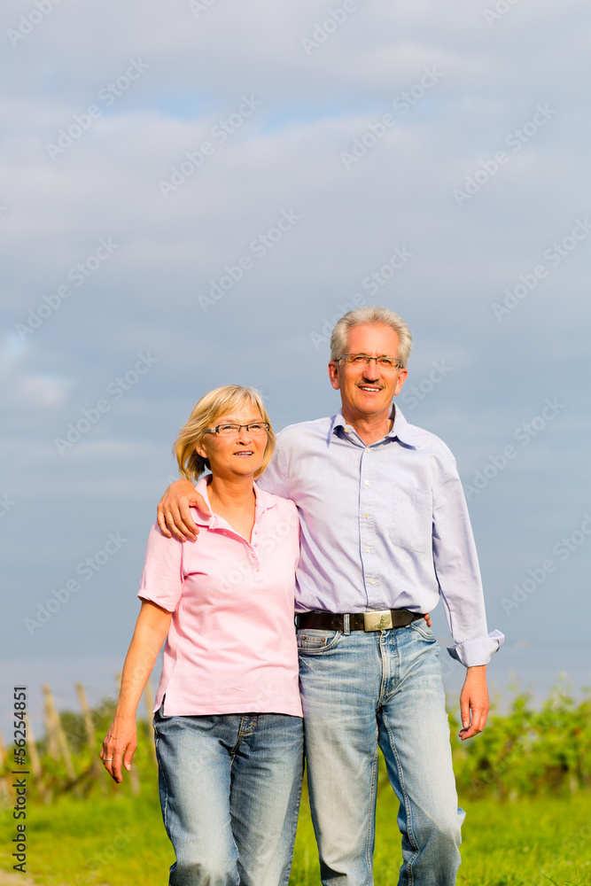 Seniors in summer walking hand in hand