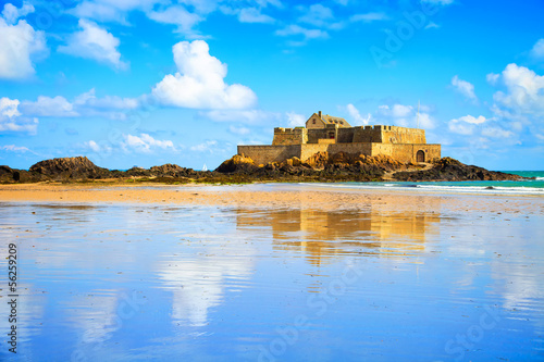 Saint Malo Fort National and beach, low tide. Brittany, France.