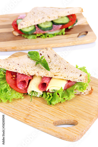 Tasty sandwiches with salami sausage and vegetables