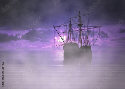 Pirate Ship at Sunrise with Fog