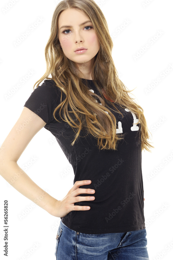 young woman in blue jeans posing on white background young woman in blue jeans posing on white background