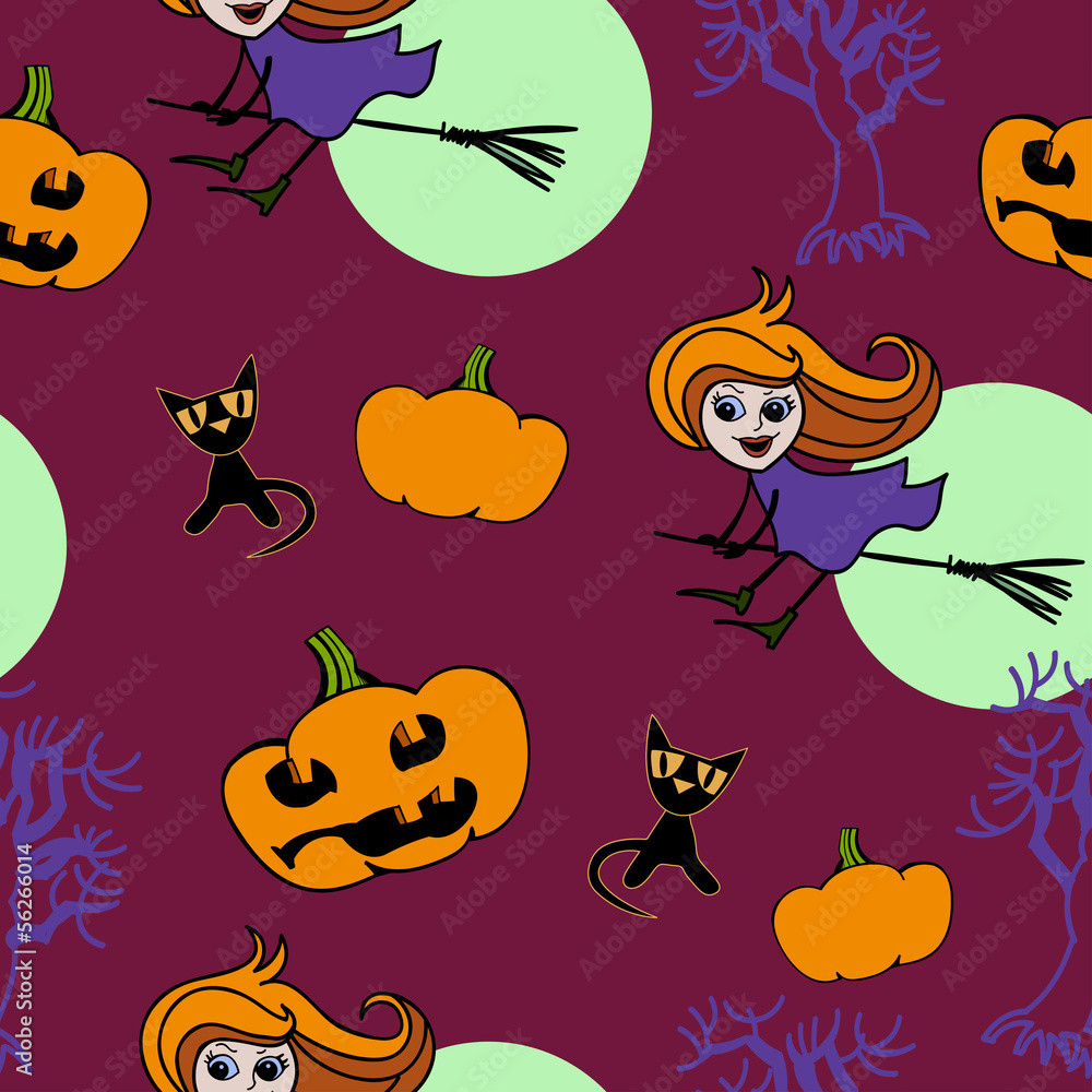 purple background with witch and cat