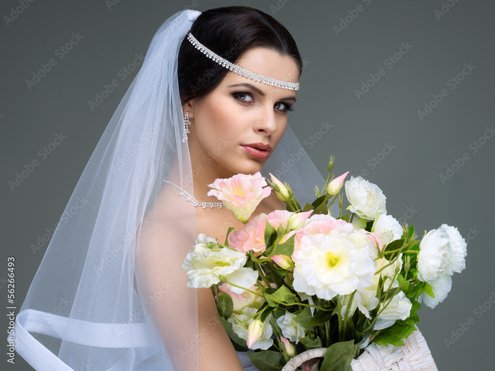 Naklejka premium Portrait of beautiful bride. Wedding dress. Wedding decoration