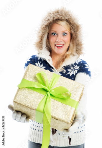 Bild auf Leinwand Blonde Frau hält Geschenk
