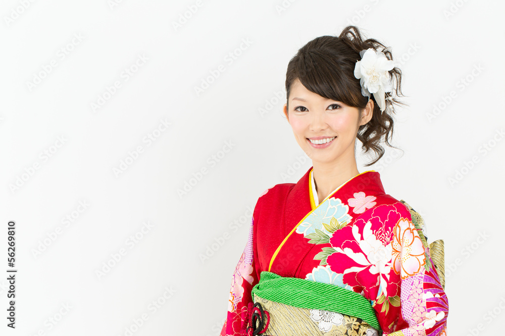 	Beautiful asian kimono woman on white background