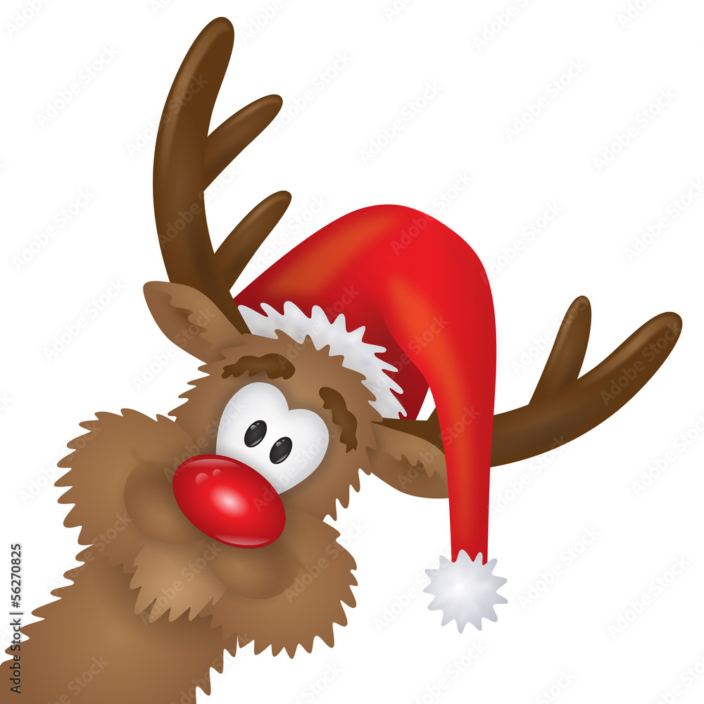 Lustiges Rentier mit Nikolausmütze und aufgerissenen Augen Stock Vector