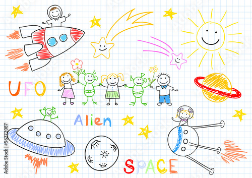 Vector sketches with happy children's and aliens