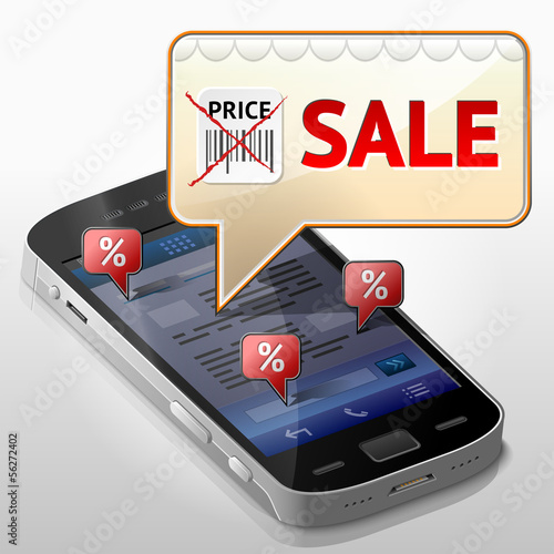 Smartphone with message bubble about sale pop up over screen