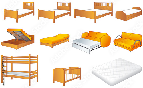 Bedroom furniture set, beds, sofa, vector