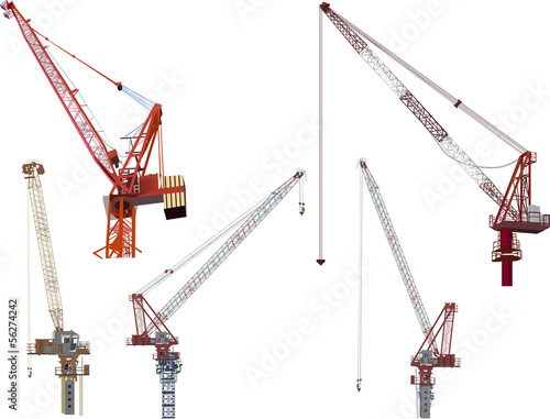 five color building cranes isolated on white