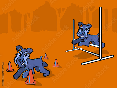 Illustration of dogs running through cones and jumping over bars