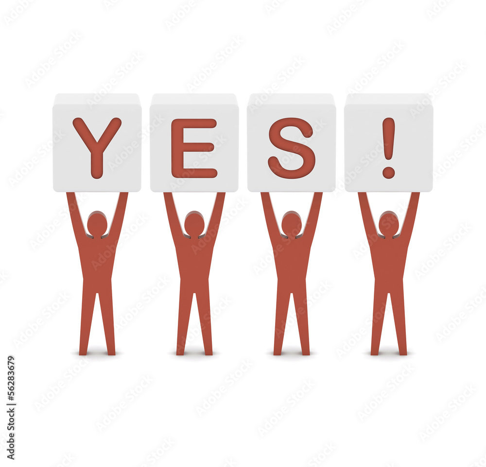 Men holding the word yes. Concept 3D illustration.
