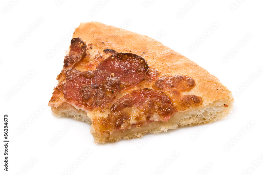 Bitten pepperoni pizza slice isolated on white background