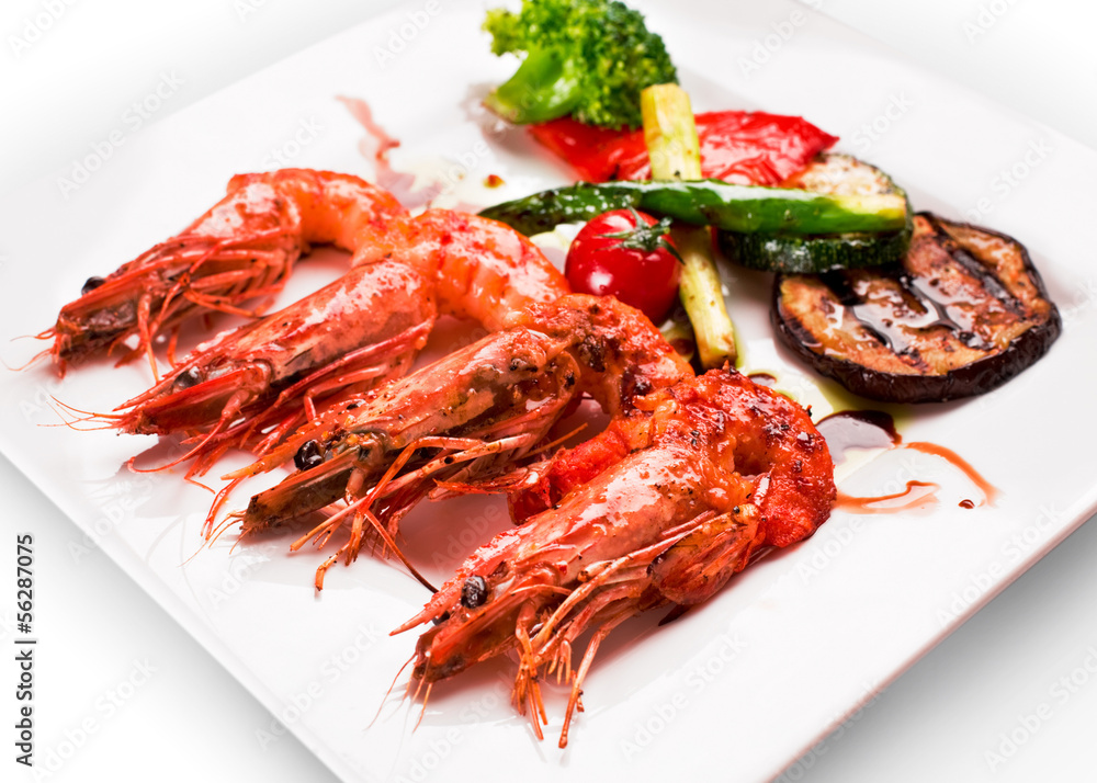 Grilled shrimps and vegetable. Grilled shrimps and vegetable.