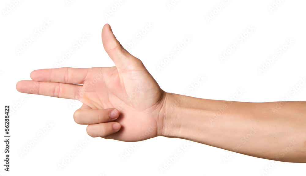 An isolated male hand making a gun gesture An isolated male hand making a gun gesture