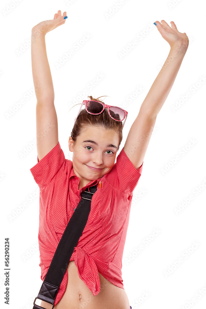 lucky teenage girl streching here arms, isolated on white lucky teenage girl streching here arms, isolated on white