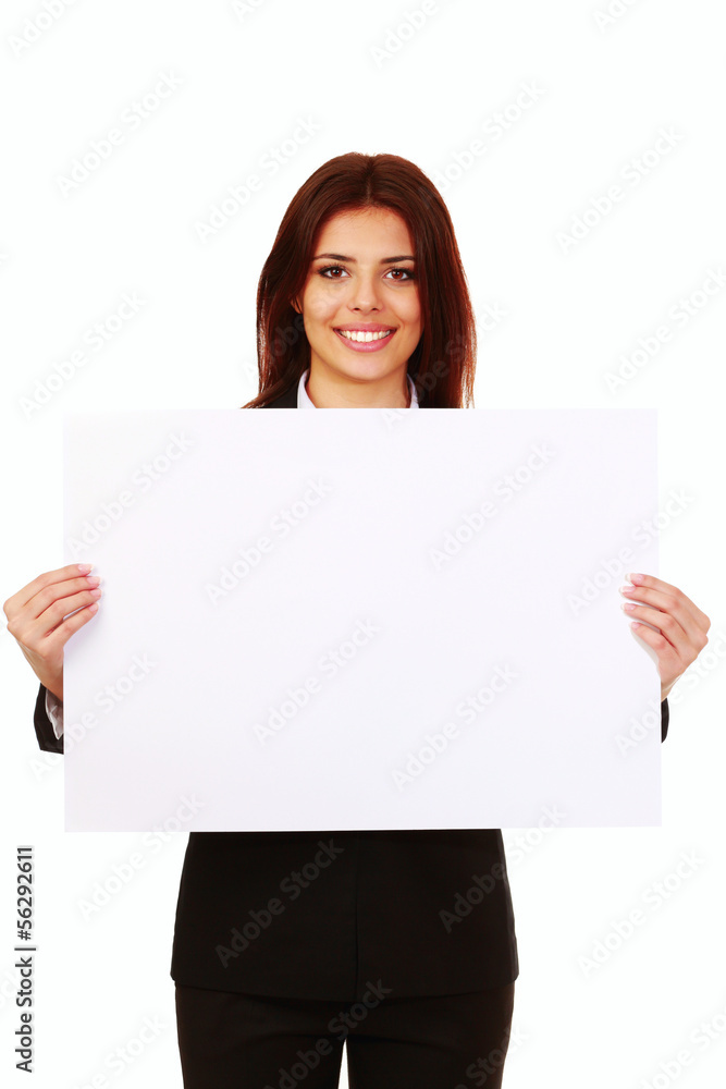 Businesswoman holding a banner and looking at camera Businesswoman holding a banner and looking at camera