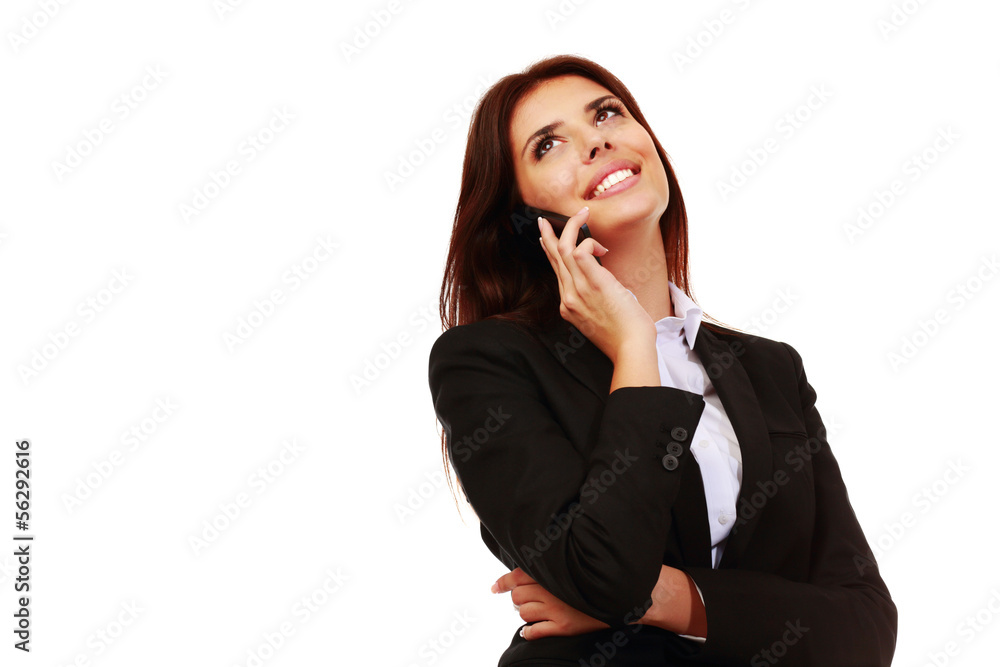Businesswoman holding a banner and looking at camera Businesswoman holding a banner and looking at camera