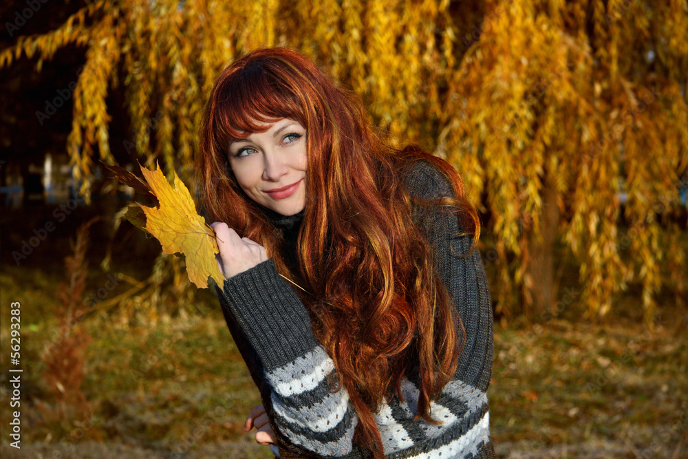 girl with red hair, in autumn park.
