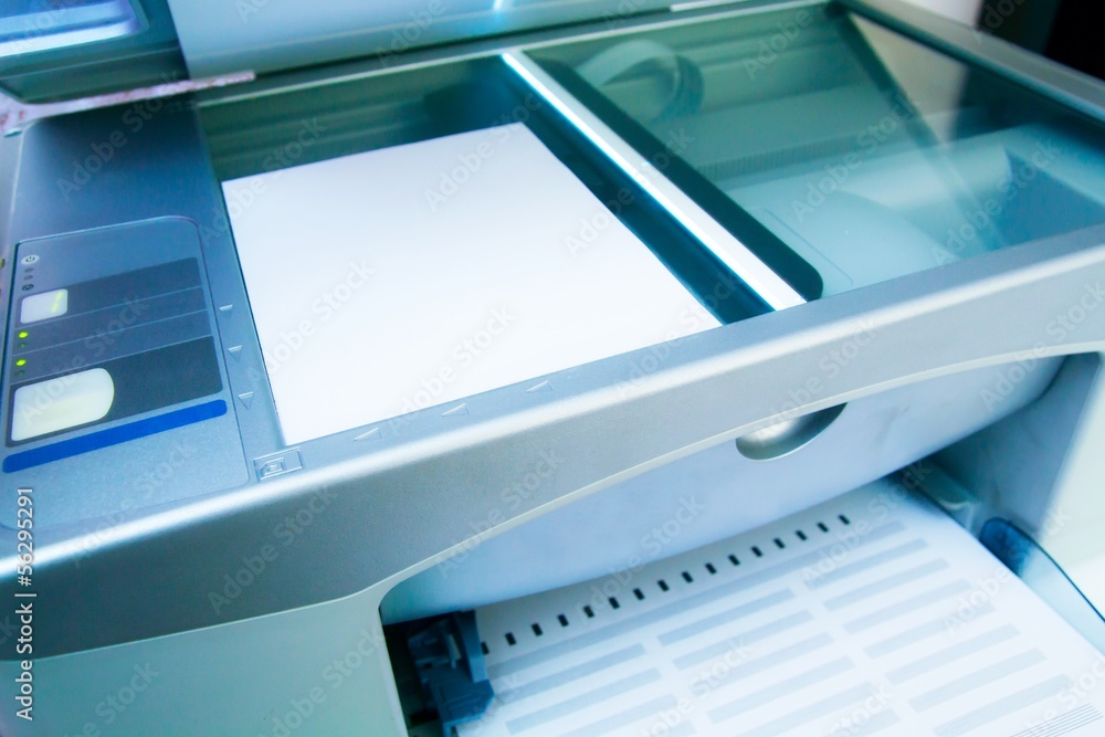Close-up working printer scanner copier device Close-up working printer scanner copier device