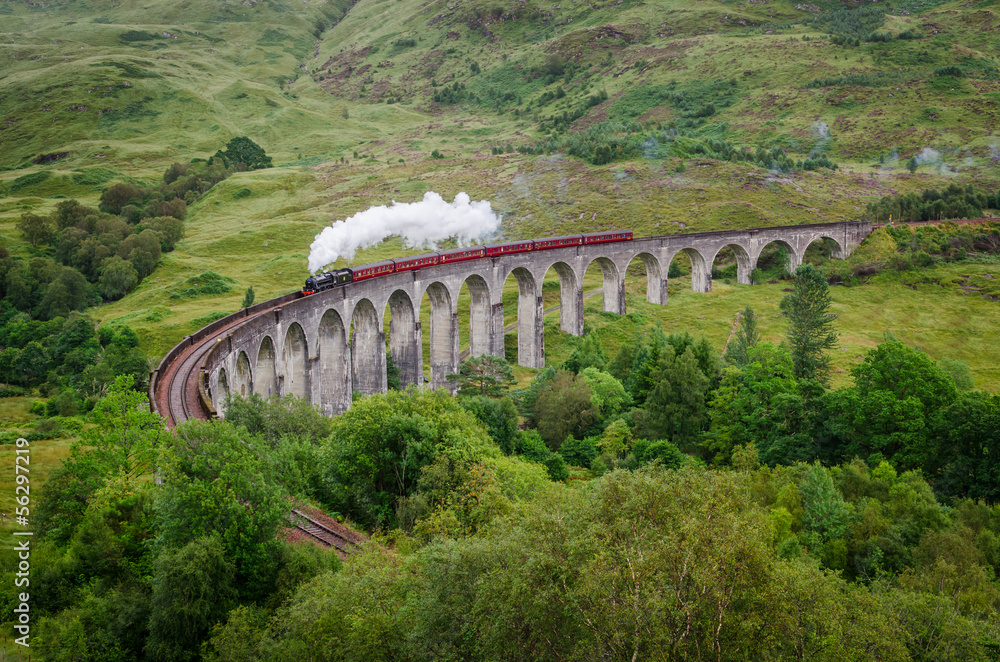Obraz premium Steam train on a famous Glenfinnan viaduct, Scotland