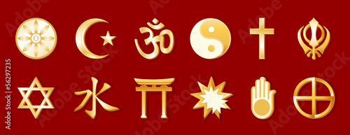 World Religions, 12 international faith symbols, beliefs, red