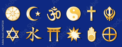 World Religions, 12 international faith symbols, beliefs, blue