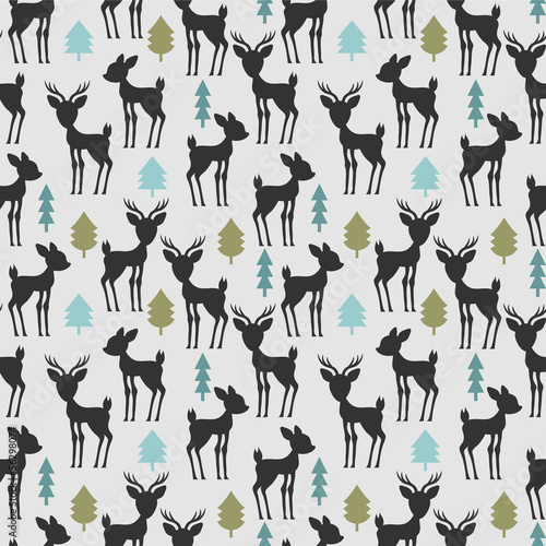 Seamless pattern with deer and trees