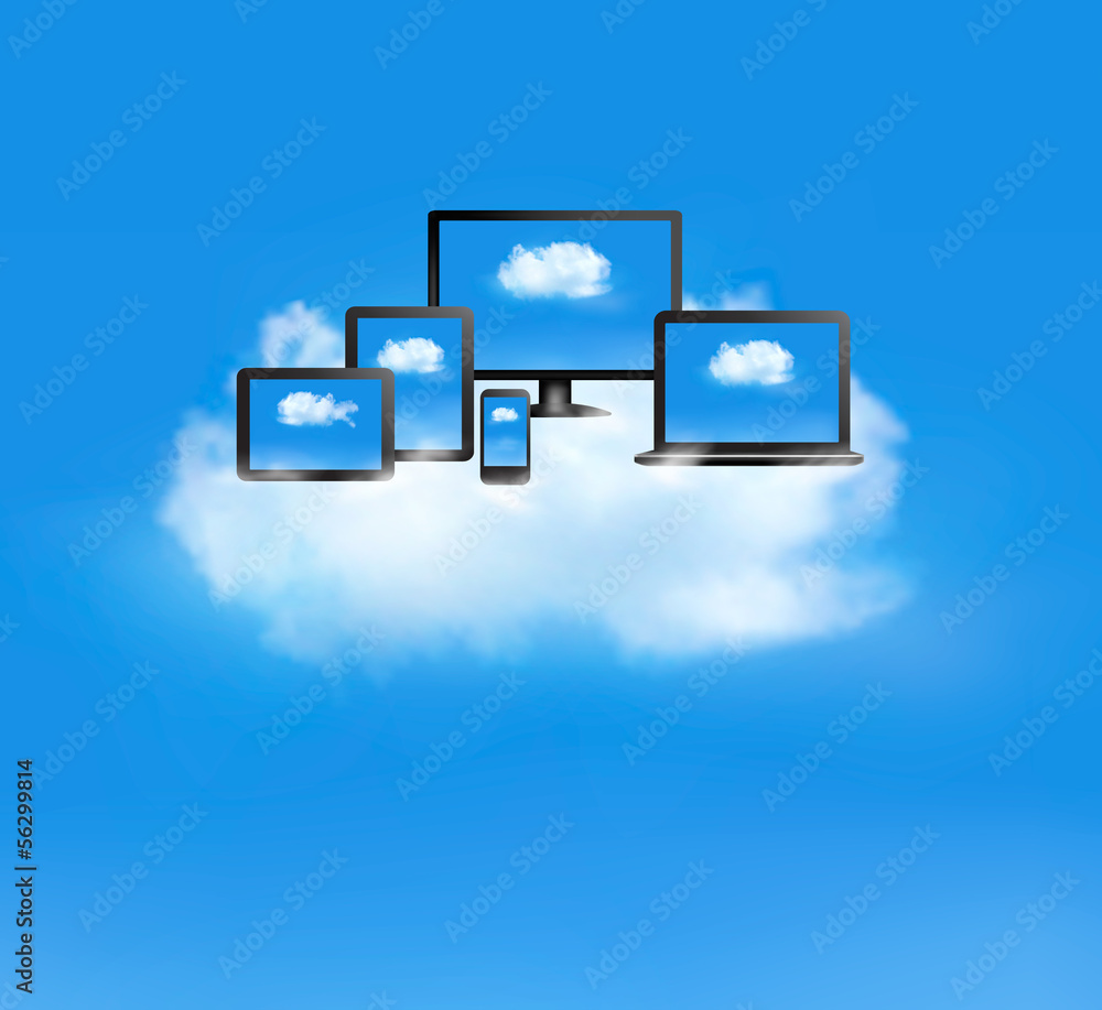Cloud computing concept. All computer devices and white cloud. V Cloud computing concept. All computer devices and white cloud. V