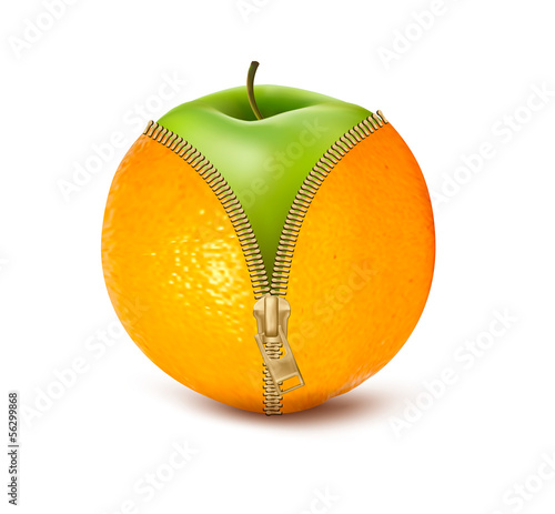 Unzipped orange with green apple. Fruit and diet against celluli