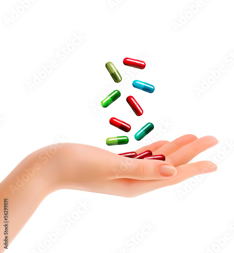 Woman hand with falling pills. Vector illustration.