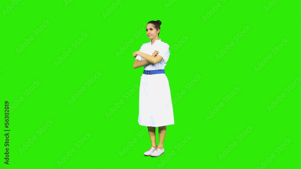Confident Female Caucasian Nurse White Uniform Green Screen Confident Female Caucasian Nurse White Uniform Green Screen