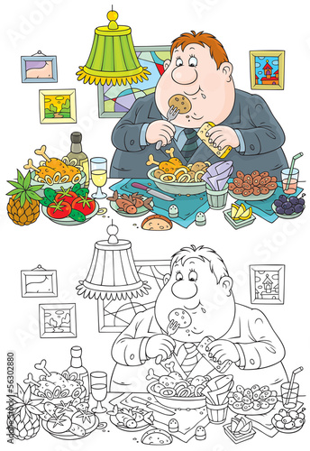 Dining well-fed man at a table with delicious food