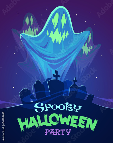 Spooky ghosts on graveyard. Halloween background.