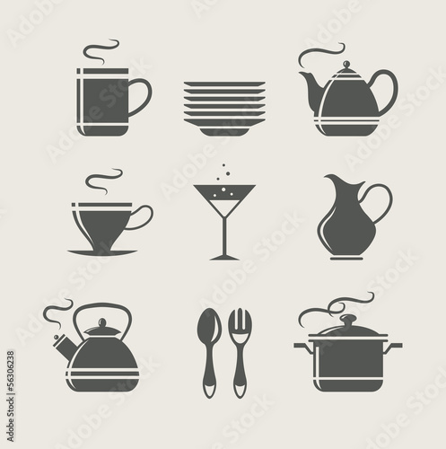 kitchen tableware set of icons. vector illustration