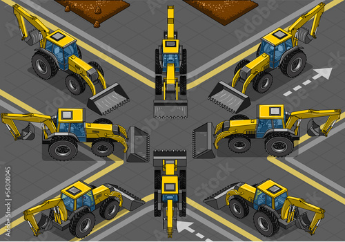 Isometric Yellow Backhoe in Eight Positions