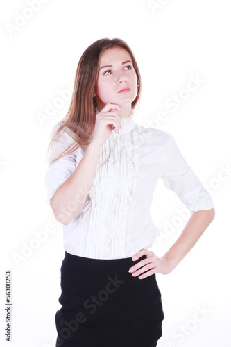 Young business lady. Thinking. Financial