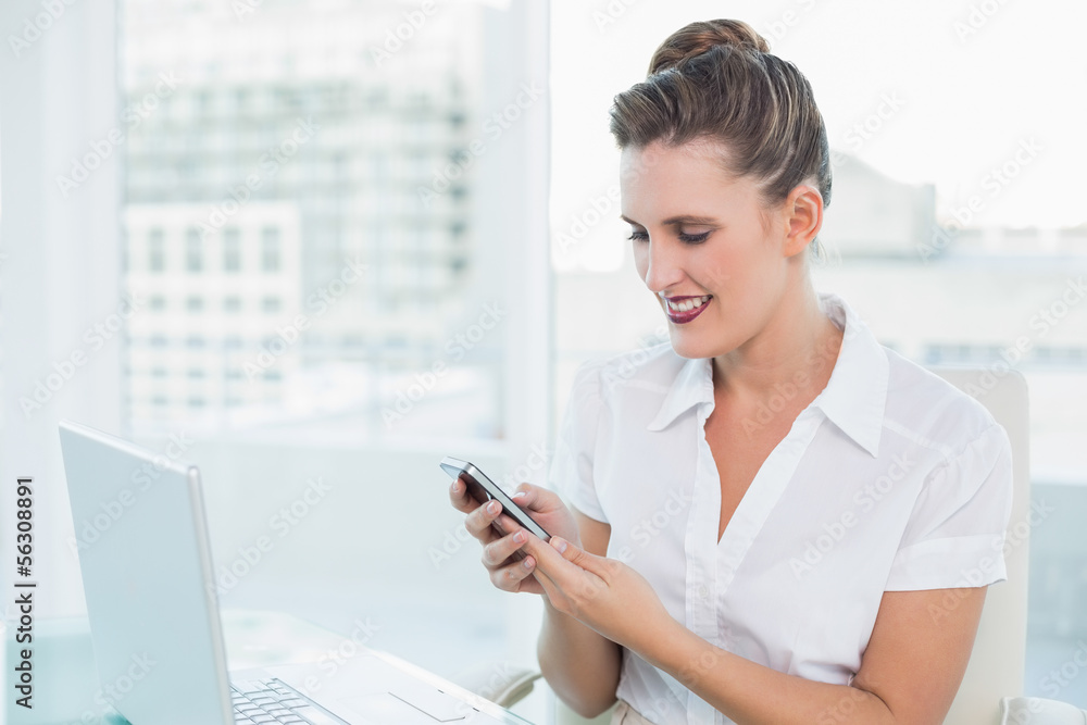 Happy classy businesswoman using phone Happy classy businesswoman using phone