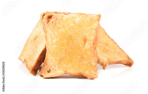 Three toasted bread slices for breakfast isolated on white studi