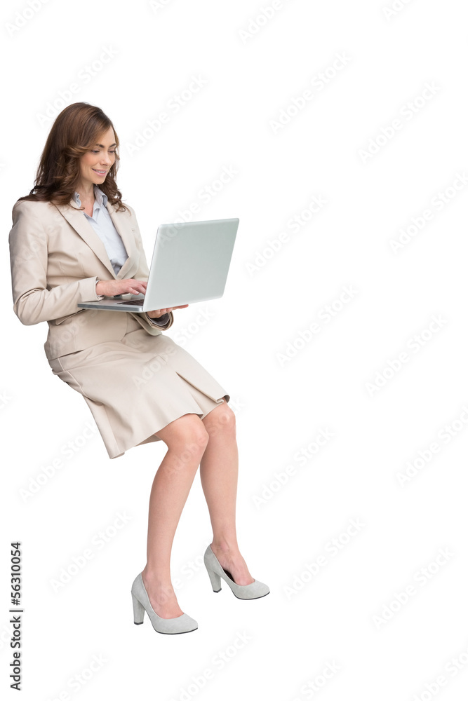 Naklejka premium Smiling businesswoman sitting and using laptop