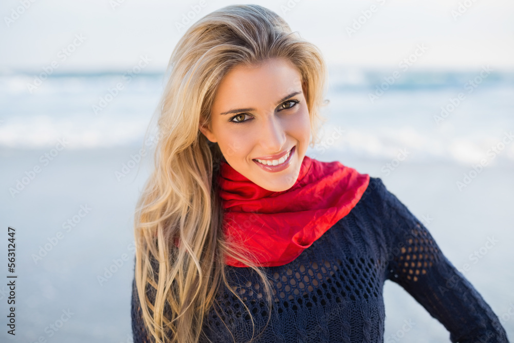 Cheerful gorgeous blonde with red scarf posing Cheerful gorgeous blonde with red scarf posing