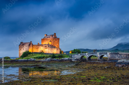 Photography View of Eilean Donan castle at sunset in Scottish highlands