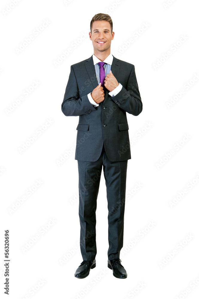 Full body portrait of happy smiling business man, isolated on wh Full body portrait of happy smiling business man, isolated on wh